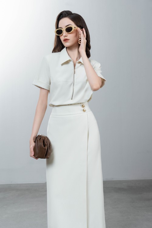 Sixdo Cream Straight Woven Midi Skirt